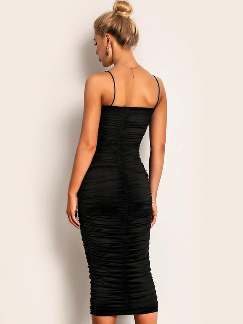 Elevate Your Style This Summer with Our Elegant Women's Solid Ruched Bodycon Cami Dress - Perfect for Evening Parties!