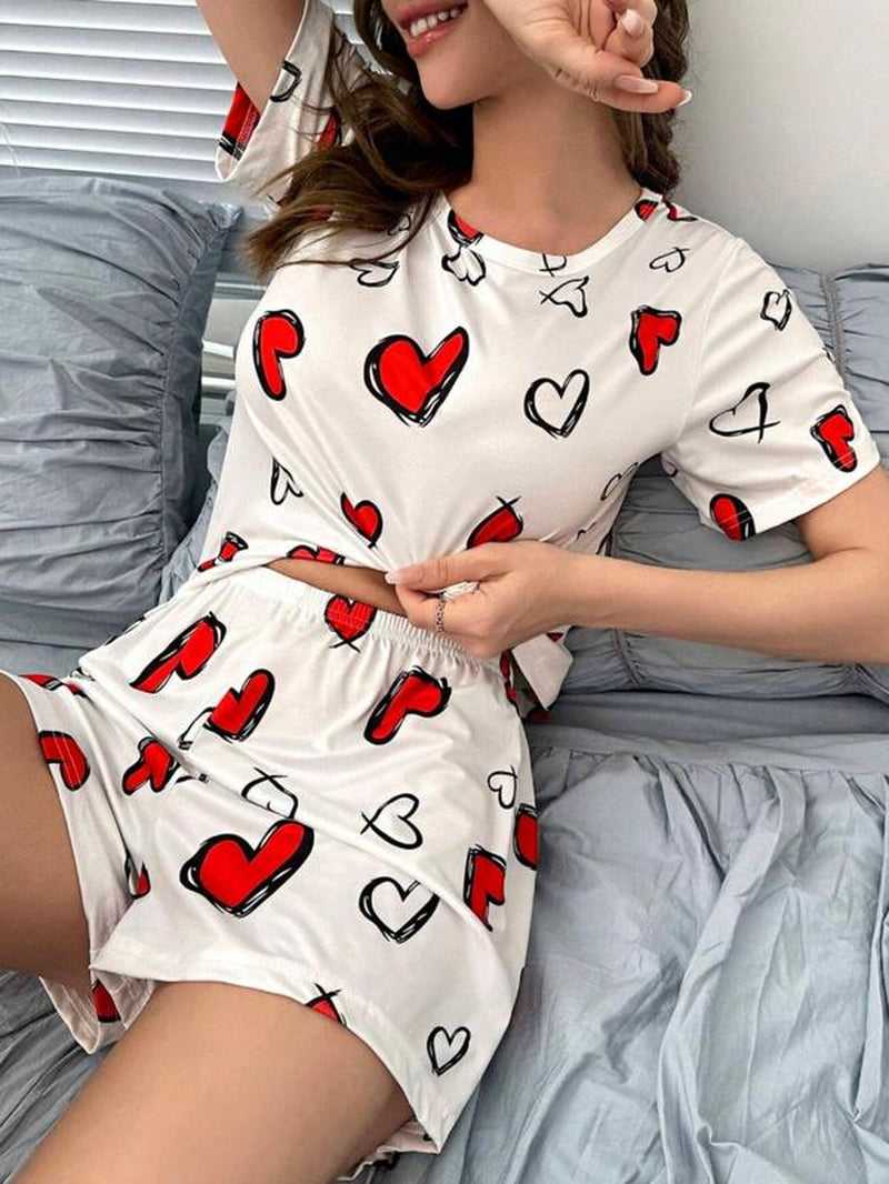 Cozy Comfort: Women's All-Over Print Tee & Shorts Pajama Set - The Perfect Casual Sleepwear for Every Season