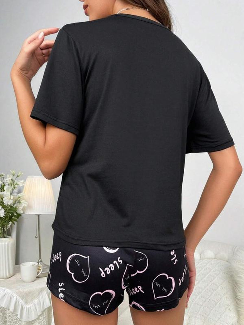 Cozy Comfort: Women's All-Over Print Tee & Shorts Pajama Set - The Perfect Casual Sleepwear for Every Season