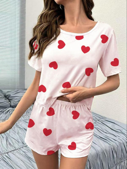 Cozy Comfort: Women's All-Over Print Tee & Shorts Pajama Set - The Perfect Casual Sleepwear for Every Season