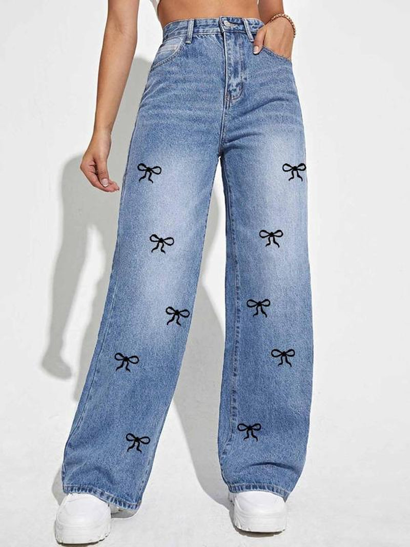 Chic Women's Bow Print Denim Jeans - Perfectly Comfy for Every Day!