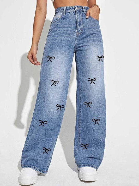 Chic Women's Bow Print Denim Jeans - Perfectly Comfy for Every Day!